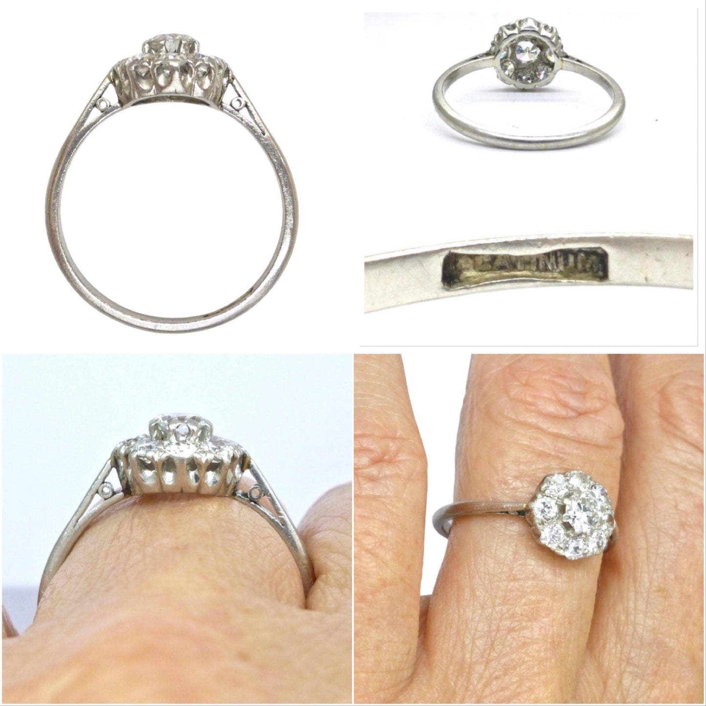 Antique 18ct Platinum old cut diamond halo cluster ring 0.65ct