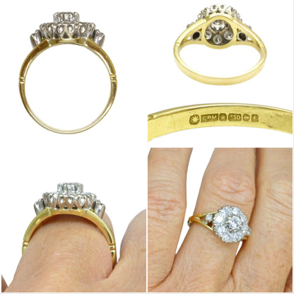 Vintage 18ct natural diamond cluster halo ring 0.87 carats