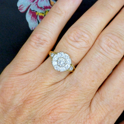 Vintage 18ct natural diamond cluster halo ring 0.87 carats