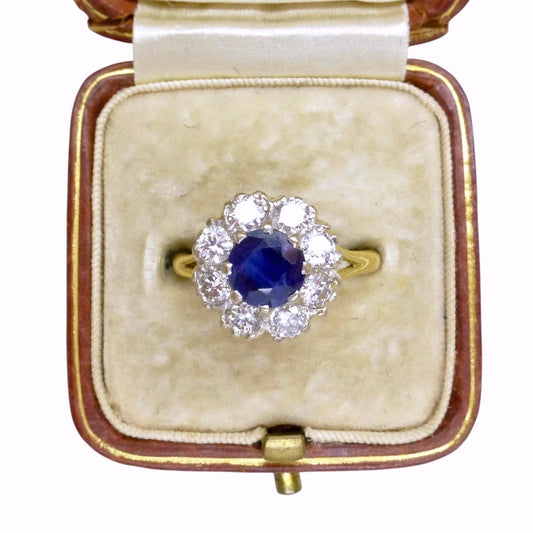 Vintage 18ct sapphire & diamond round cluster ring ~ With Valuation