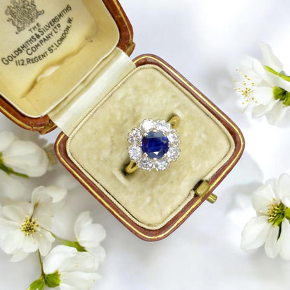 Vintage 18ct sapphire & diamond round cluster ring ~ With Valuation