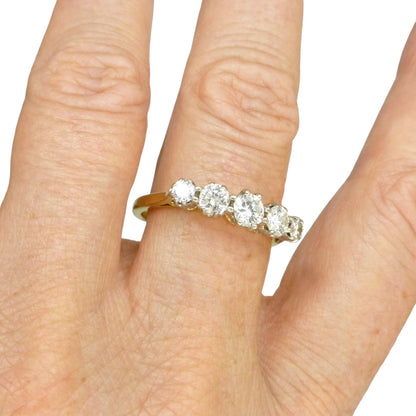 Vintage 18ct gold natural diamond five stone ring 1.00ct.