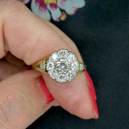 Vintage 18ct natural diamond cluster halo ring 0.87 carats