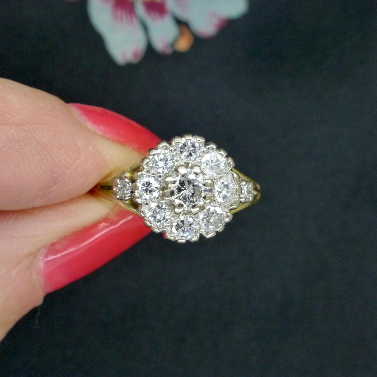 Vintage 18ct natural diamond cluster halo ring 0.87 carats