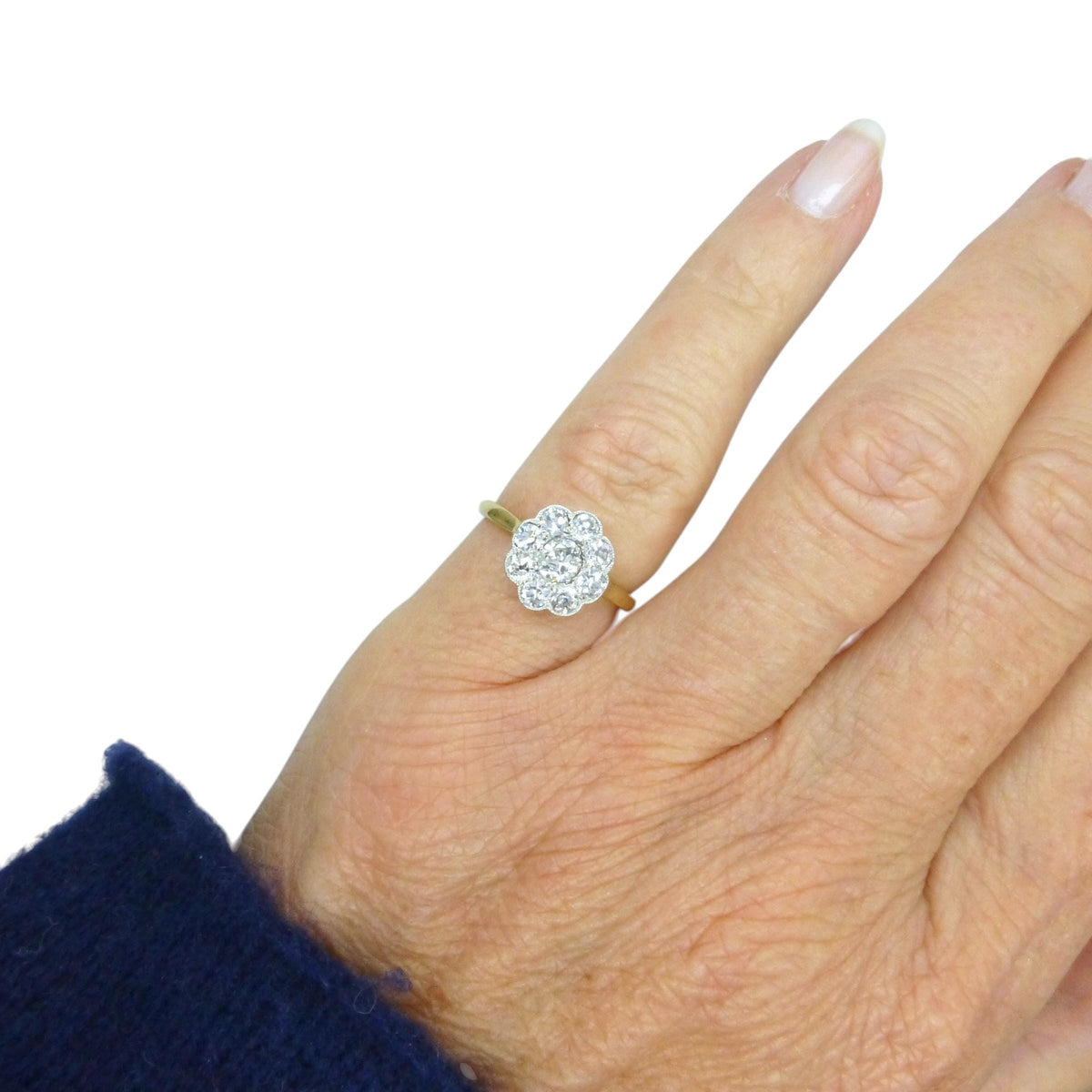 Antique Edwardian 18ct platinum diamond daisy flower ring c1900
