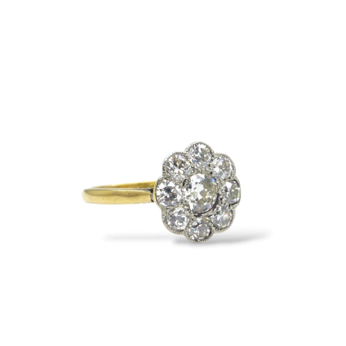 Antique Edwardian 18ct platinum diamond daisy flower ring c1900