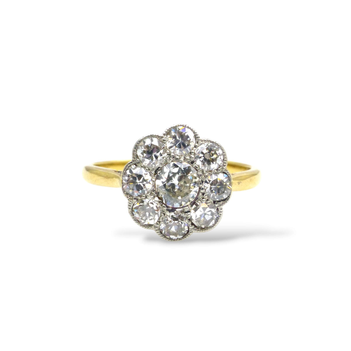 Antique Edwardian 18ct platinum diamond daisy flower ring c1900