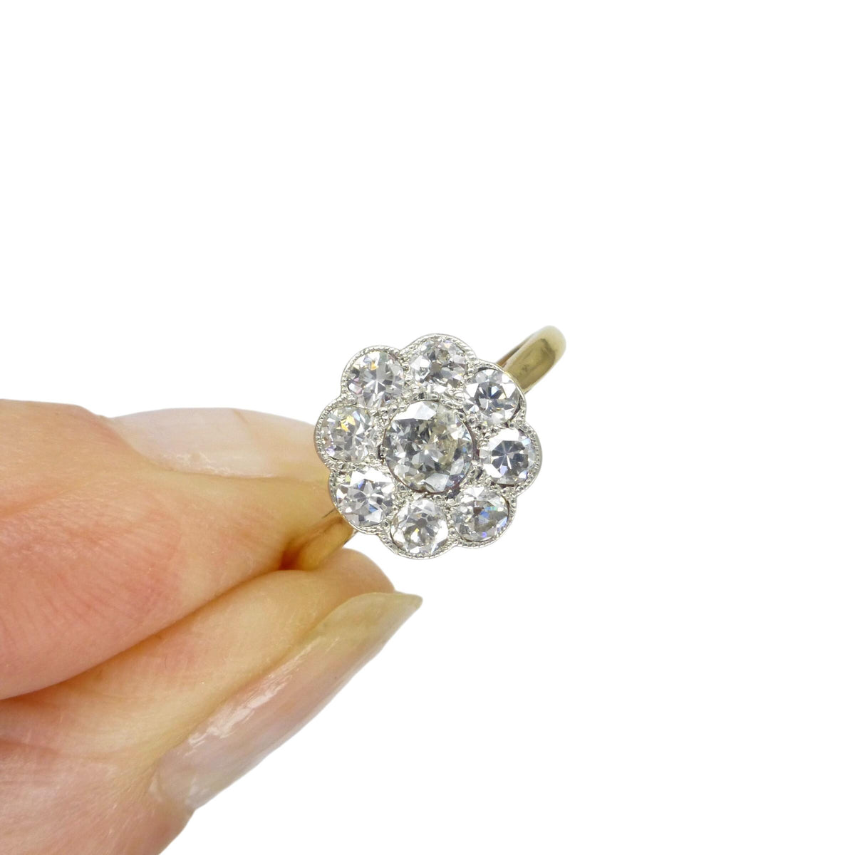 Antique Edwardian 18ct platinum diamond daisy flower ring c1900