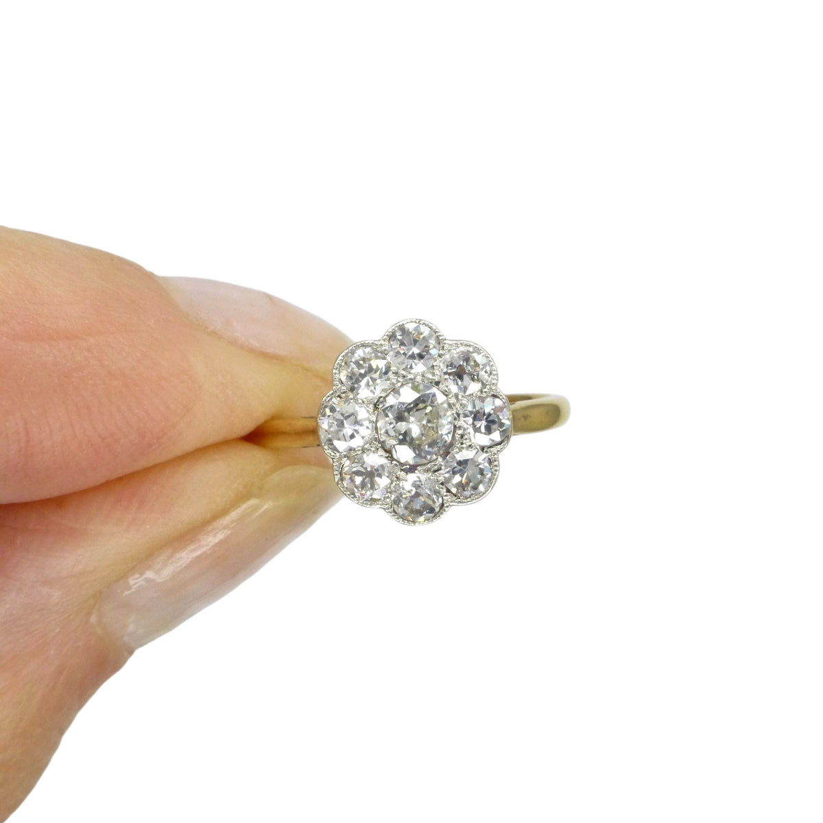 Antique Edwardian 18ct platinum diamond daisy flower ring c1900