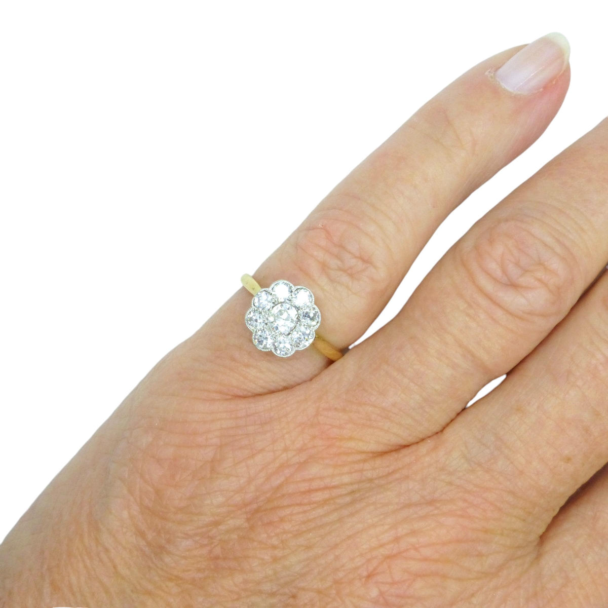 Antique Edwardian 18ct platinum diamond daisy flower ring c1900