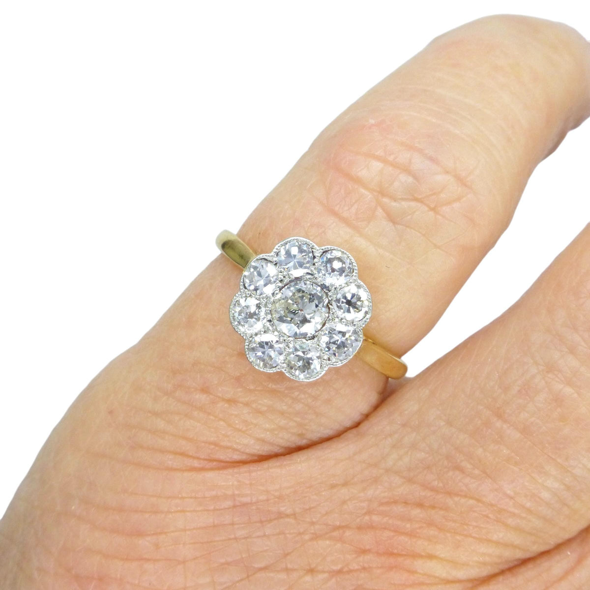 Antique Edwardian 18ct platinum diamond daisy flower ring c1900