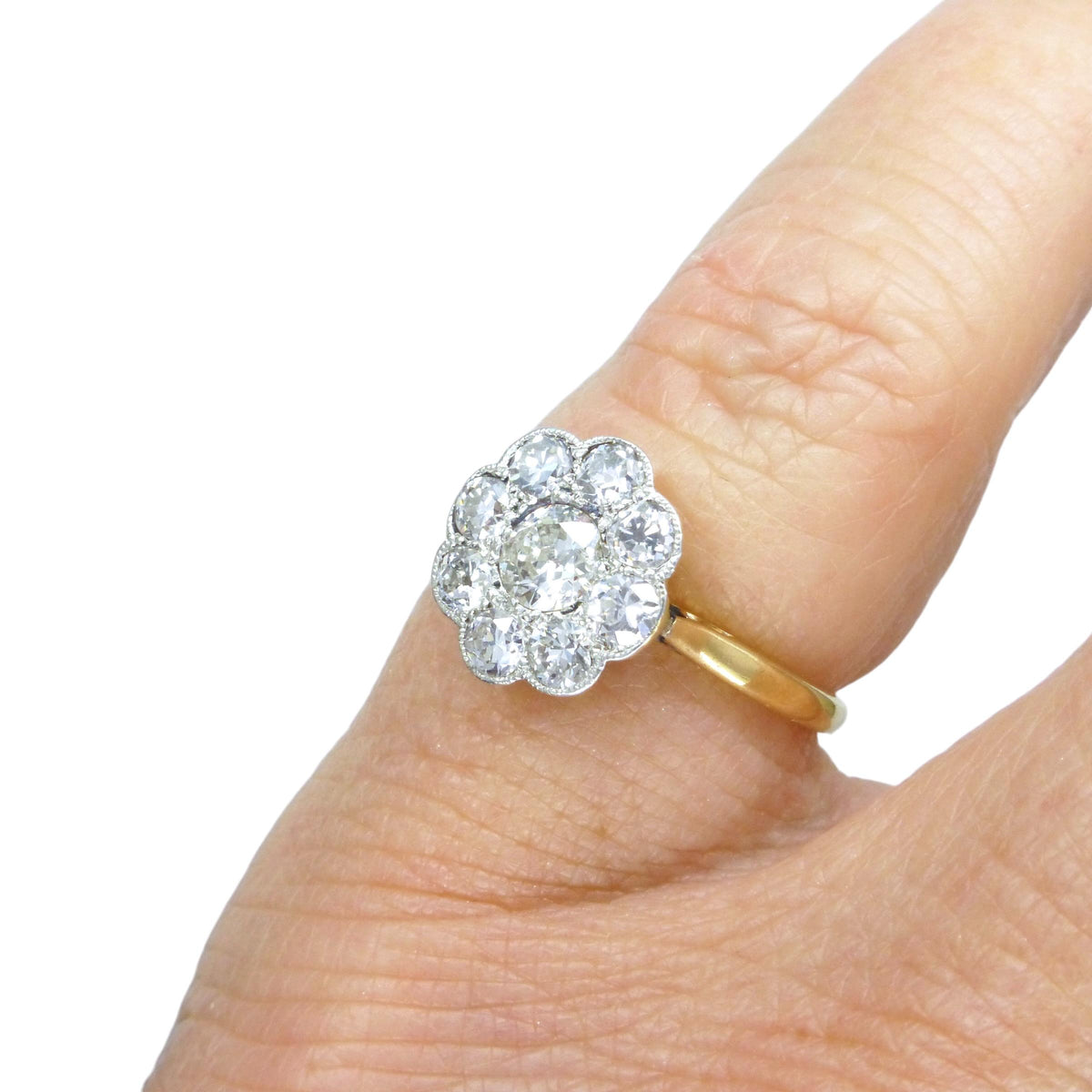 Antique Edwardian 18ct platinum diamond daisy flower ring c1900