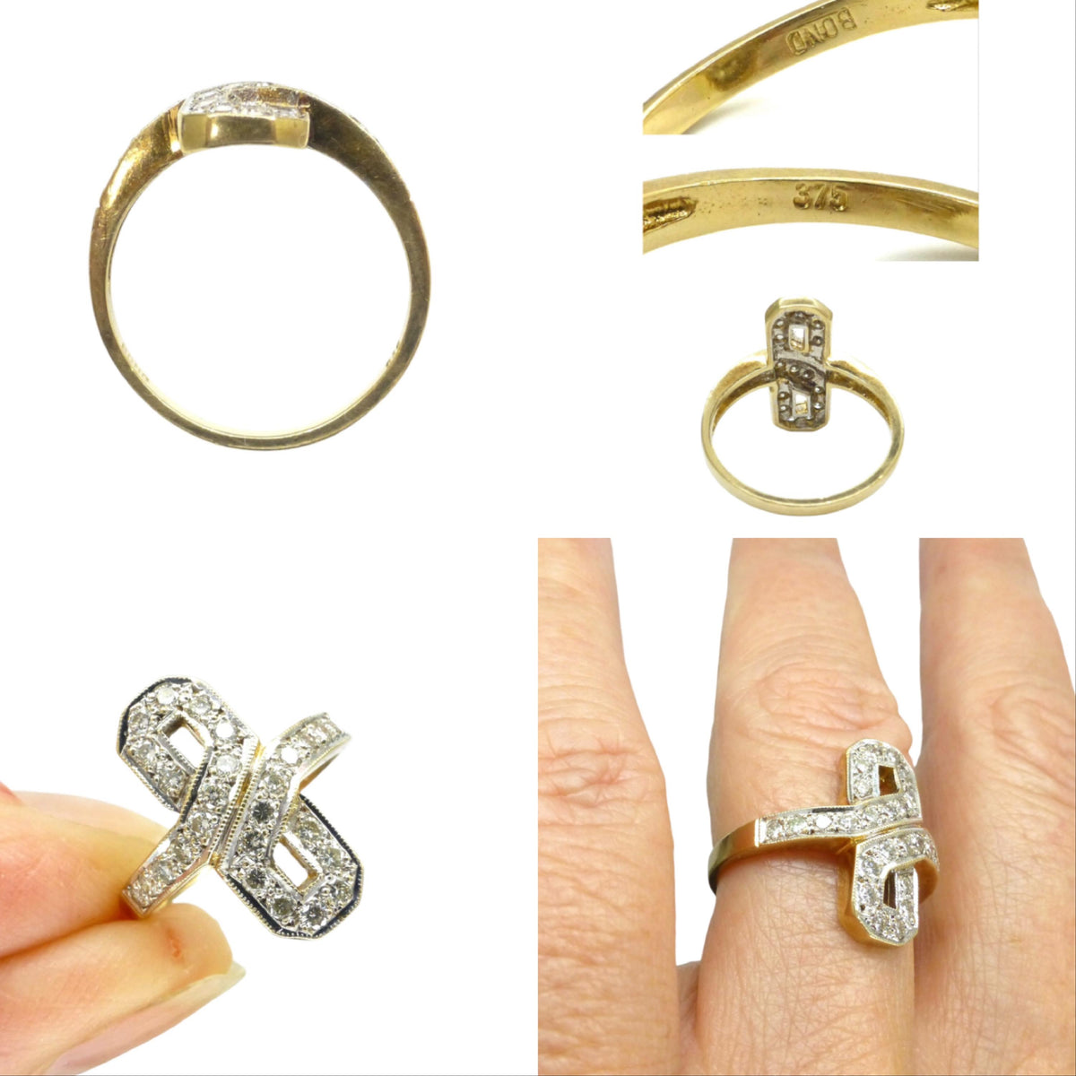 Vintage Art Deco style 9ct gold diamond cluster panel ring