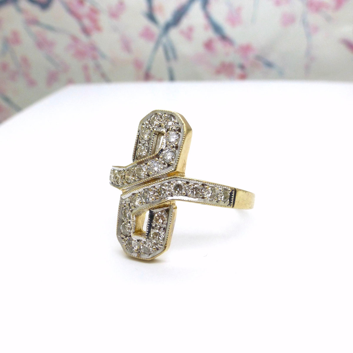 Vintage Art Deco style 9ct gold diamond cluster panel ring