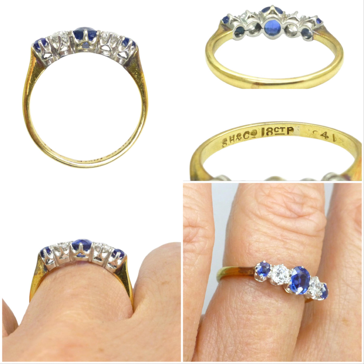 Antique 18ct Platinum Cornflower blue Sapphire & Diamond five stone ring