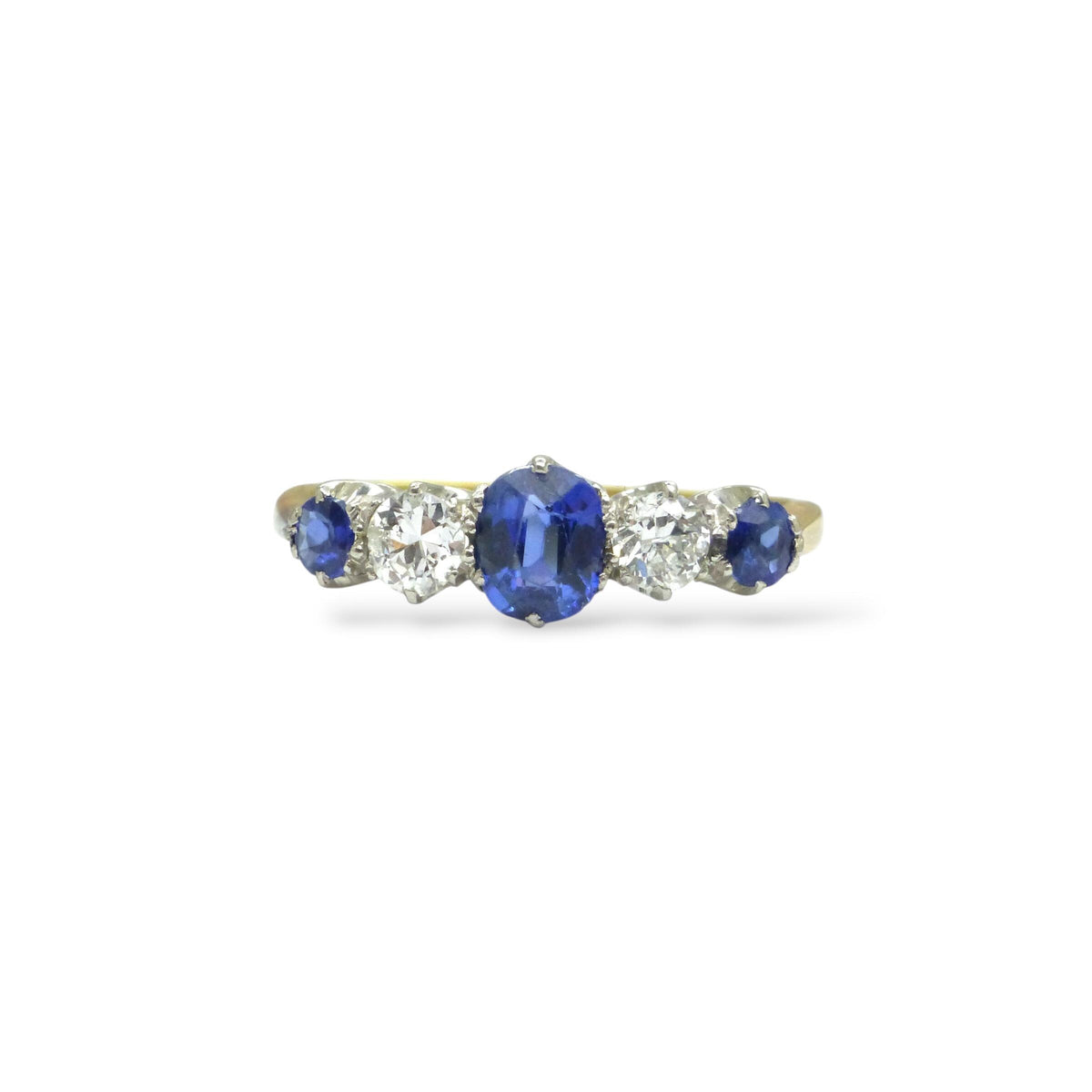 Antique 18ct Platinum Cornflower blue Sapphire & Diamond five stone ring