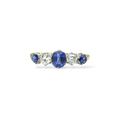 Antique 18ct Platinum Cornflower blue Sapphire & Diamond five stone ring