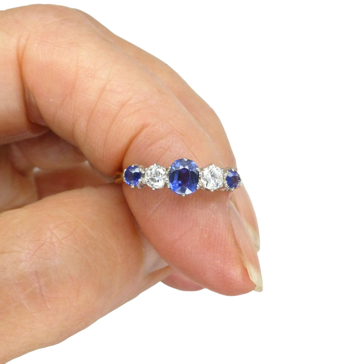 Antique 18ct Platinum Cornflower blue Sapphire & Diamond five stone ring