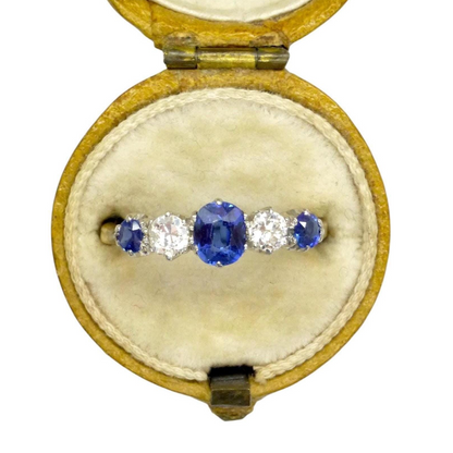 Antique 18ct Platinum Cornflower blue Sapphire & Diamond five stone ring