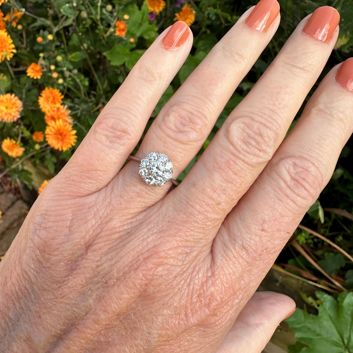 Antique Platinum old transitional cut diamond halo cluster ring 1.00ct