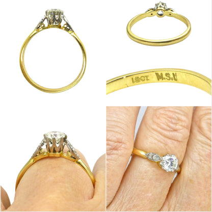 Vintage 18ct natural diamond solitaire engagement ring 0.50ct 1930's