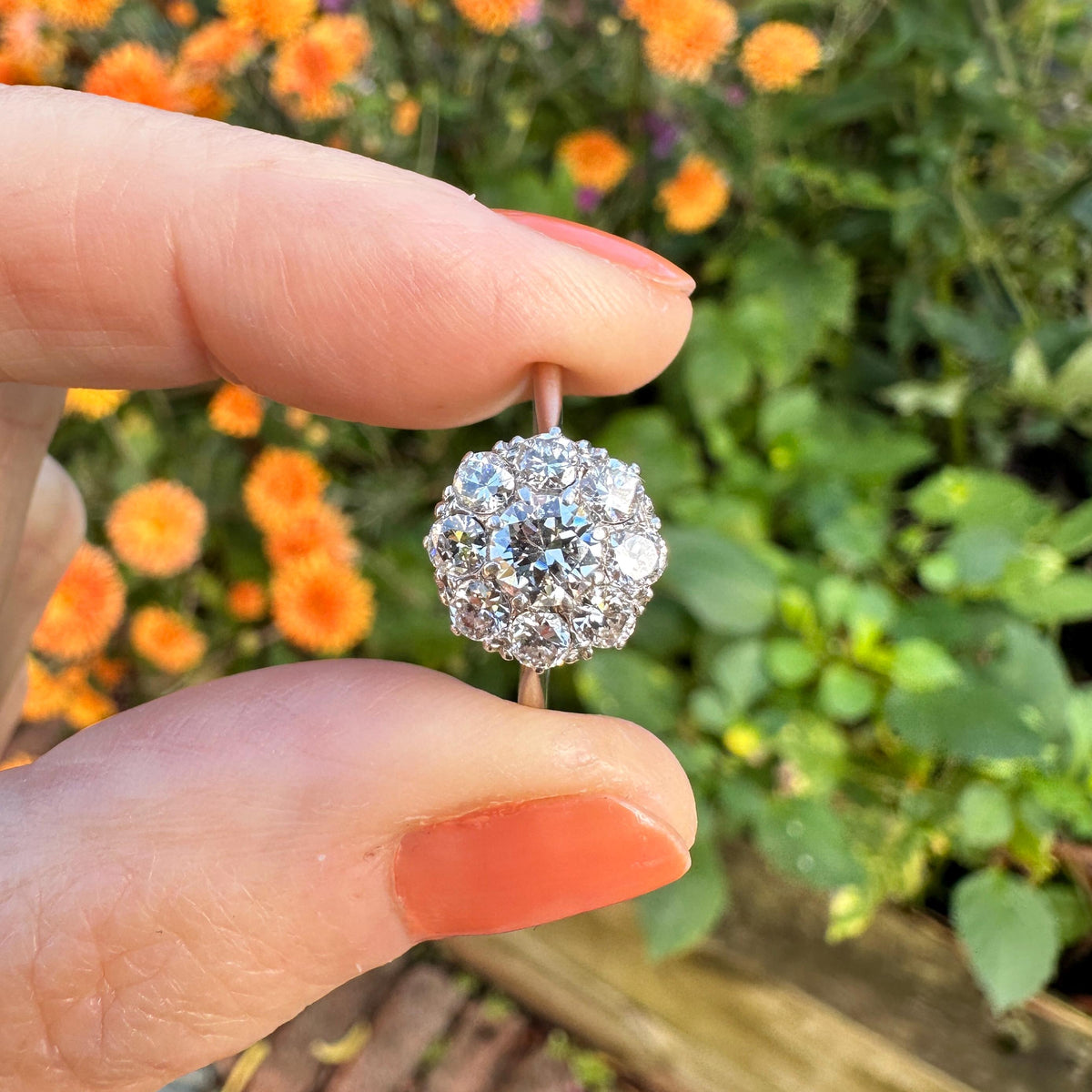 Antique Platinum old transitional cut diamond halo cluster ring 1.00ct