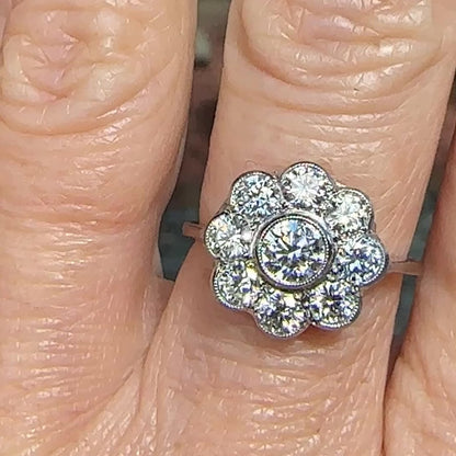 Vintage Platinum natural diamond cluster engagement ring 1.70 carat - Antique style Daisy ring