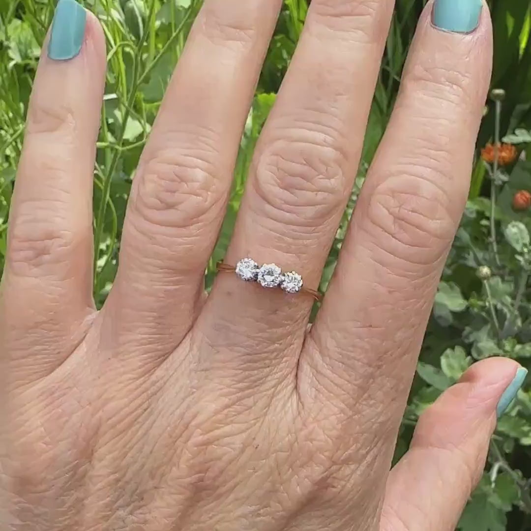 Vintage 18ct natural diamond three stone trilogy ring 0.50ct c1930's