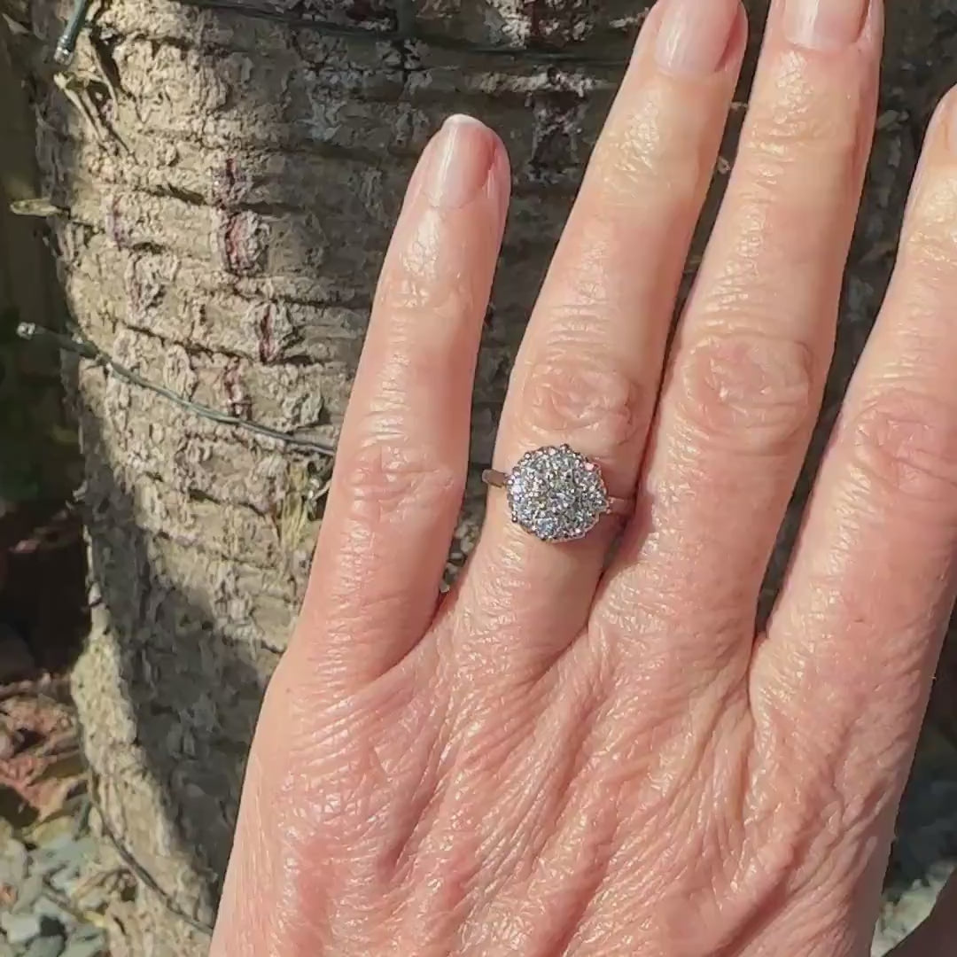 Vintage 18ct Platinum natural diamond cluster engagement ring 0.90 carat