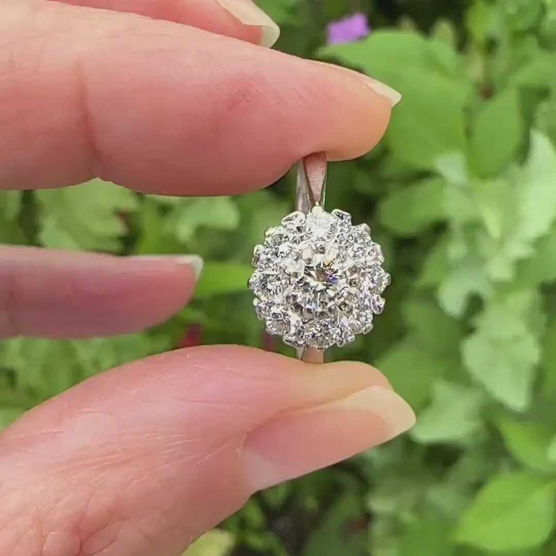 Vintage 18ct white gold natural diamond cluster engagement ring 0.77ct