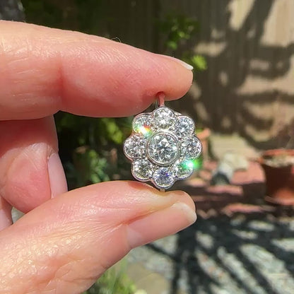 Vintage Platinum natural diamond cluster engagement ring 1.70 carat - Antique style Daisy ring