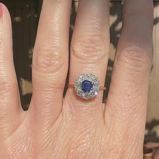 Antique 18ct Platinum sapphire & old mine cut diamond 0.80ct cluster ring 1910-1920s ~ With report