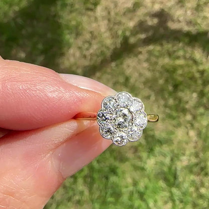 Antique Edwardian 18ct platinum diamond daisy flower ring c1900
