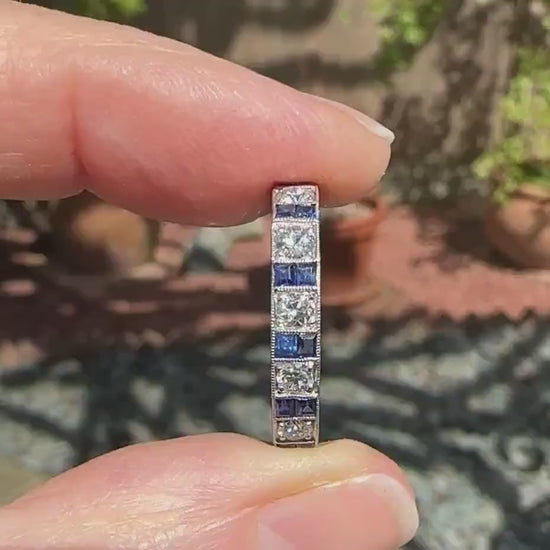 Antique Platinum old cut Diamond 1.30 carat & sapphire engraved full eternity wedding band 1920s.