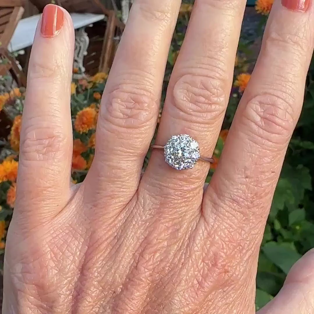 Antique Platinum old transitional cut diamond halo cluster ring 1.00ct