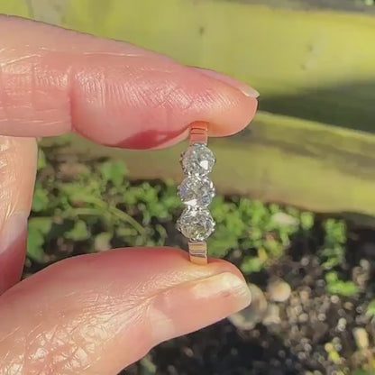 Antique old mine cut natural diamond three stone trilogy ring 0.75ct ~ 18ct Platinum