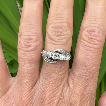 Vintage 18ct white gold old cut diamond five stone bypass ring 1.05ct c1950's