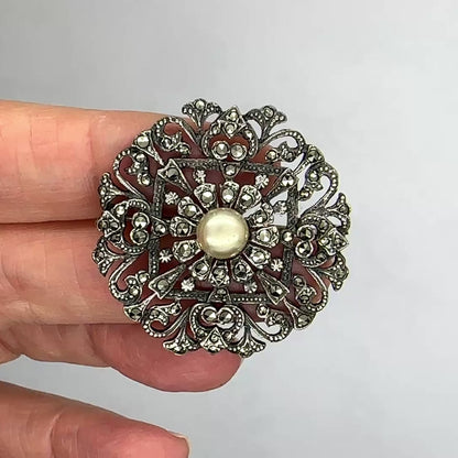 Vintage silver macasite & faux pearl brooch c1930's