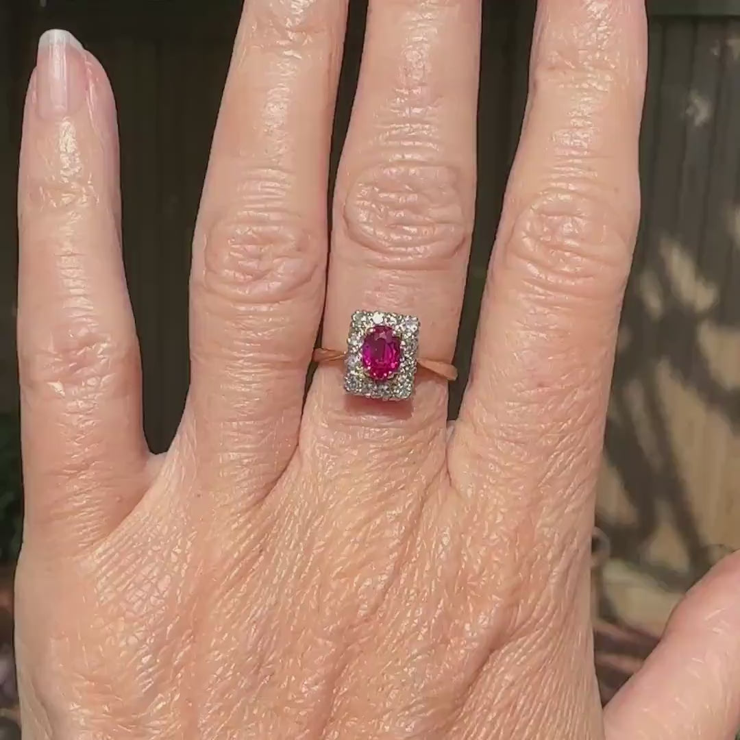 Vintage verneuil ruby & diamond cluster ring ~ 18ct Platinum