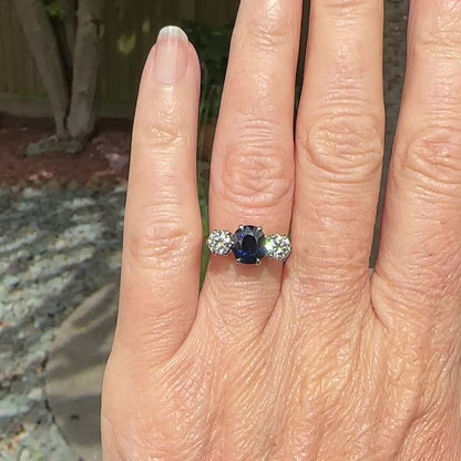 Vintage 18ct gold Natural Diamond & Sapphire three stone trilogy ring + Independent Valuation.