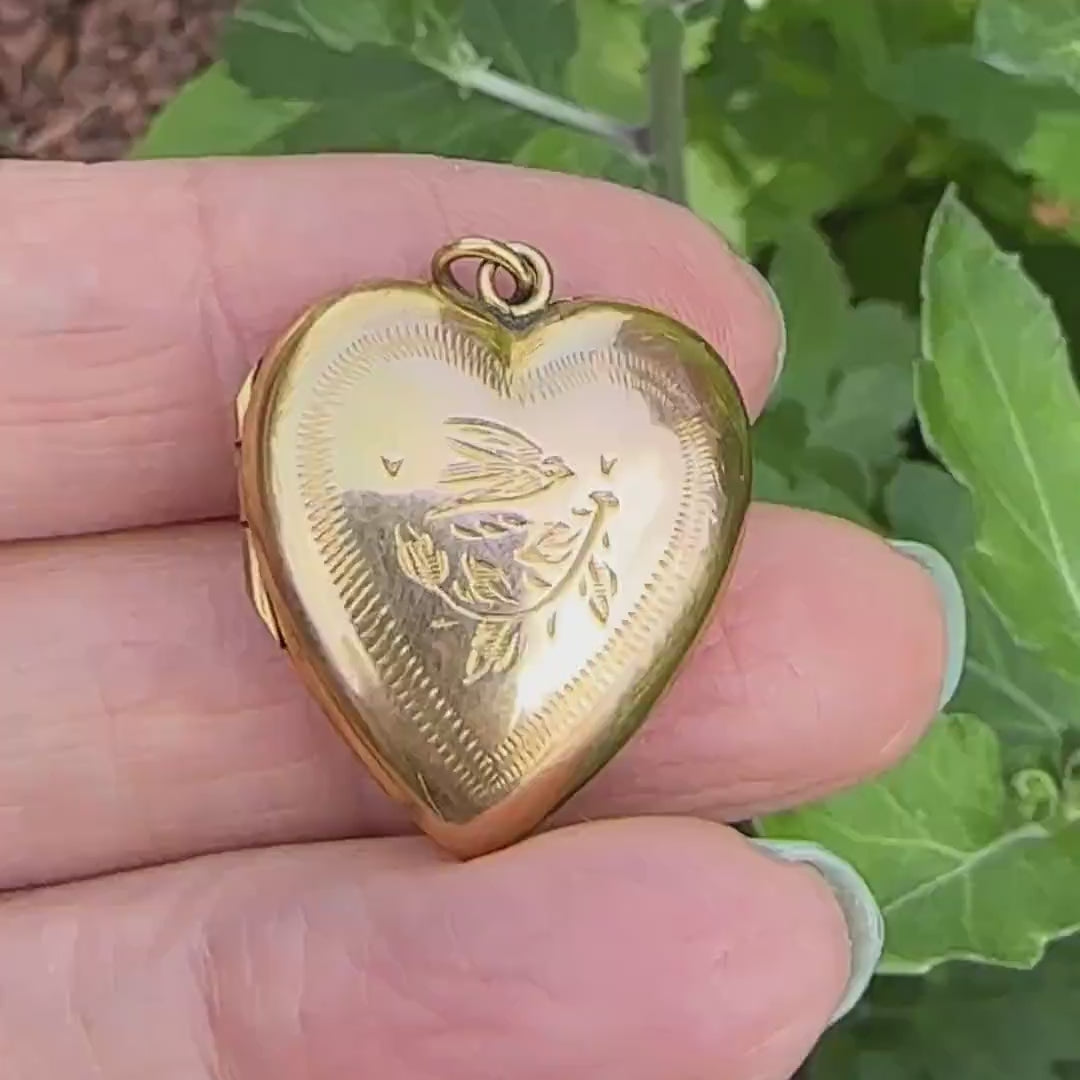 Antique 9ct Gold Heart Locket c1880-1900 – Aesthetic Engraved Bird motif