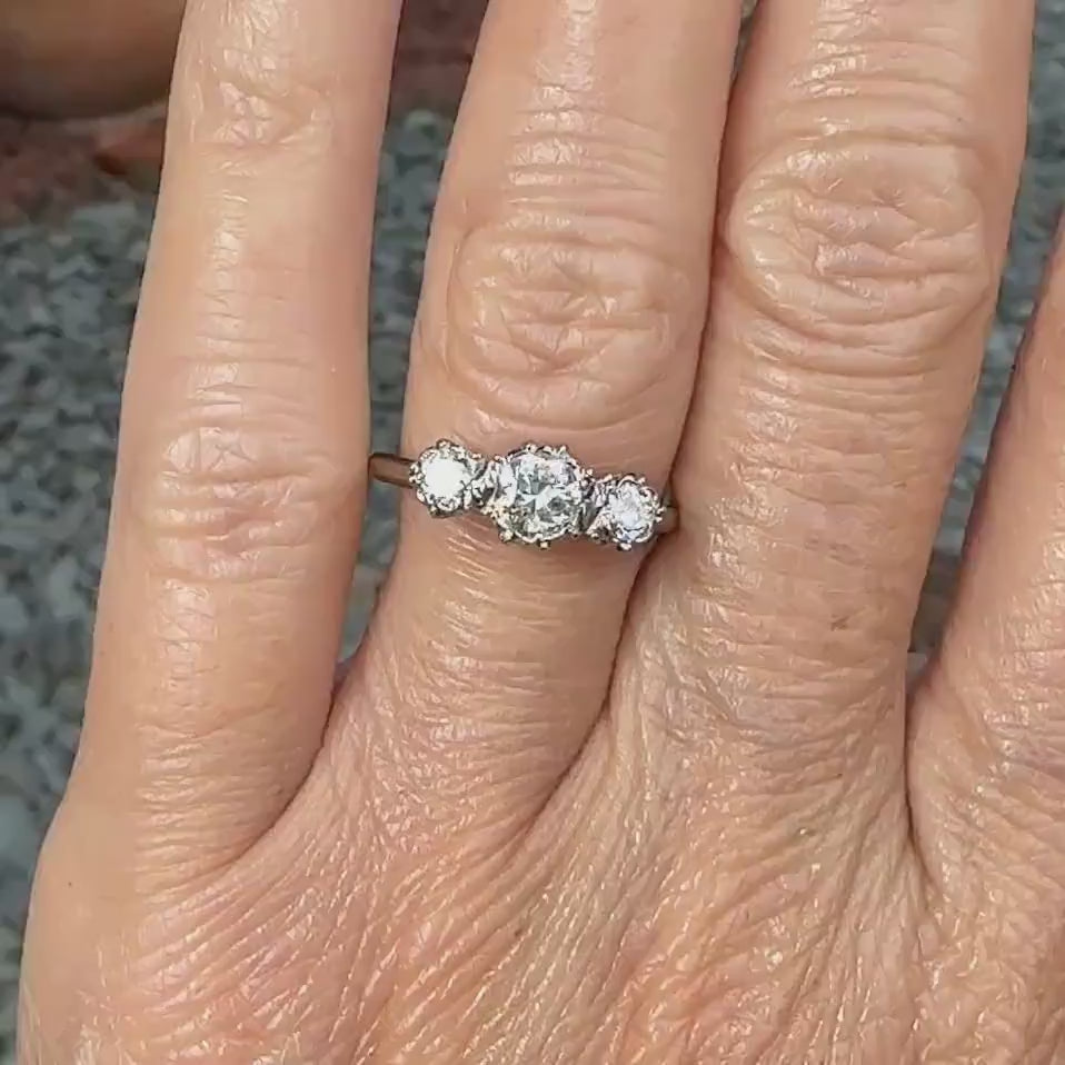 Antique 18ct Platinum transitional cut diamond three stone trilogy ring 0.80ct.