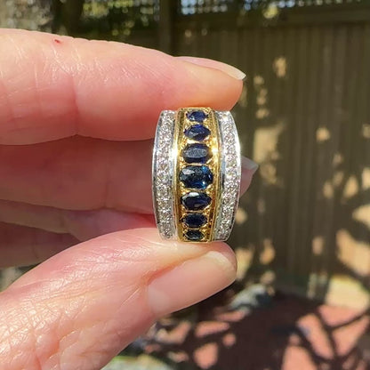 Vintage 18ct gold oval sapphire and diamond  triple band ring 1970's