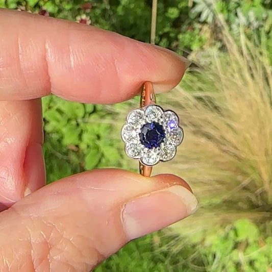 Antique 18ct sapphire & old cut diamond daisy cluster ring 1910's