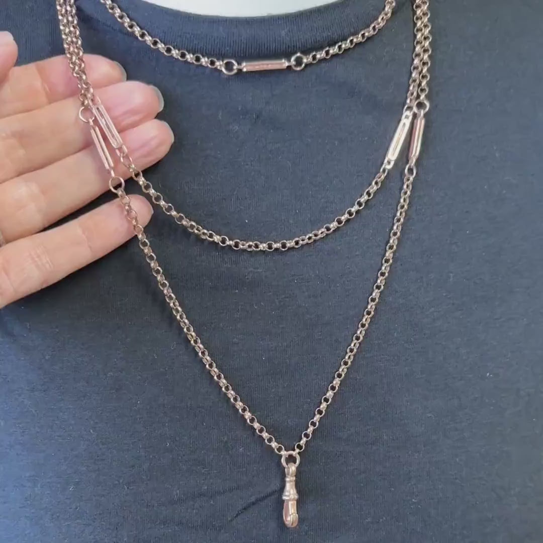 Vintage 9ct solid rose gold heavy long guard/muff neck chain & swivel/dog clip - 61ins - 42.1 grams