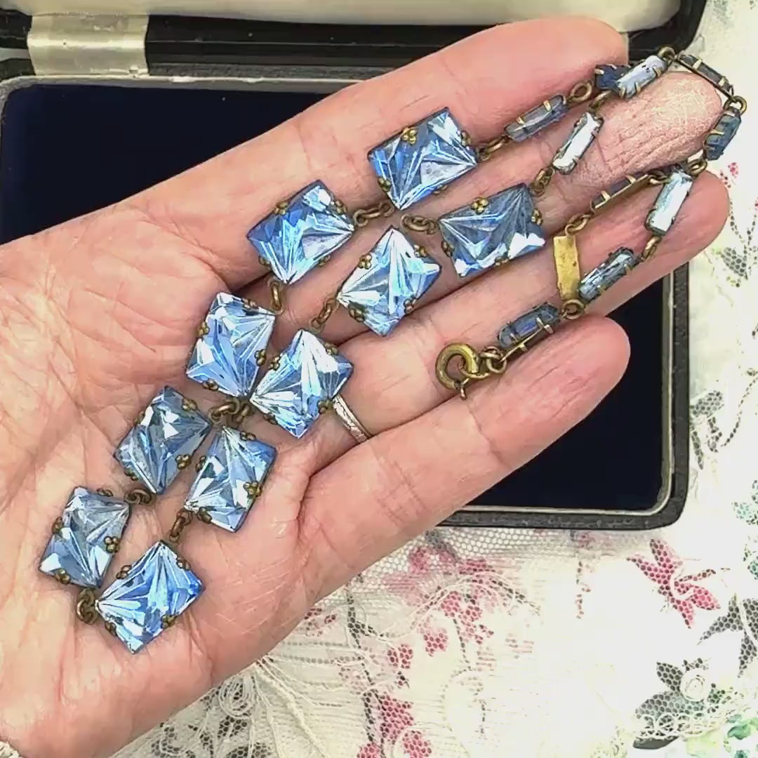 Antique Art Deco blue mirror glass ~ vauxhall glass Czech necklace c1920's