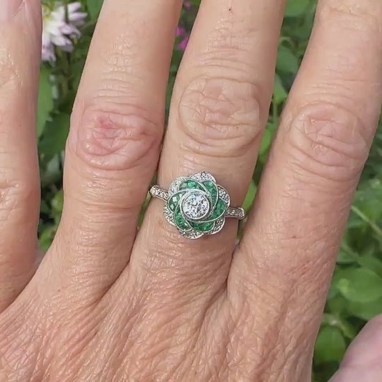 Art Deco style Platinum Emerald & Diamond flower cluster halo ring