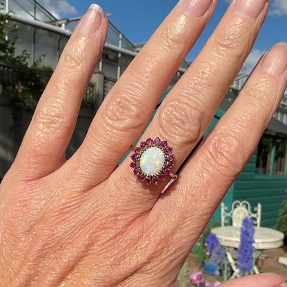Vintage 9ct gold opal & ruby statement cluster ring ~ English ring 1980's