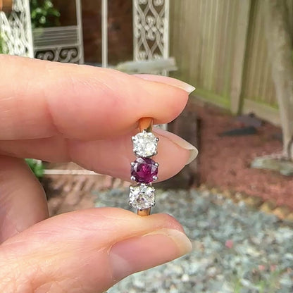 Vintage 18ct ruby & old mine cut diamond three stone trilogy ring
