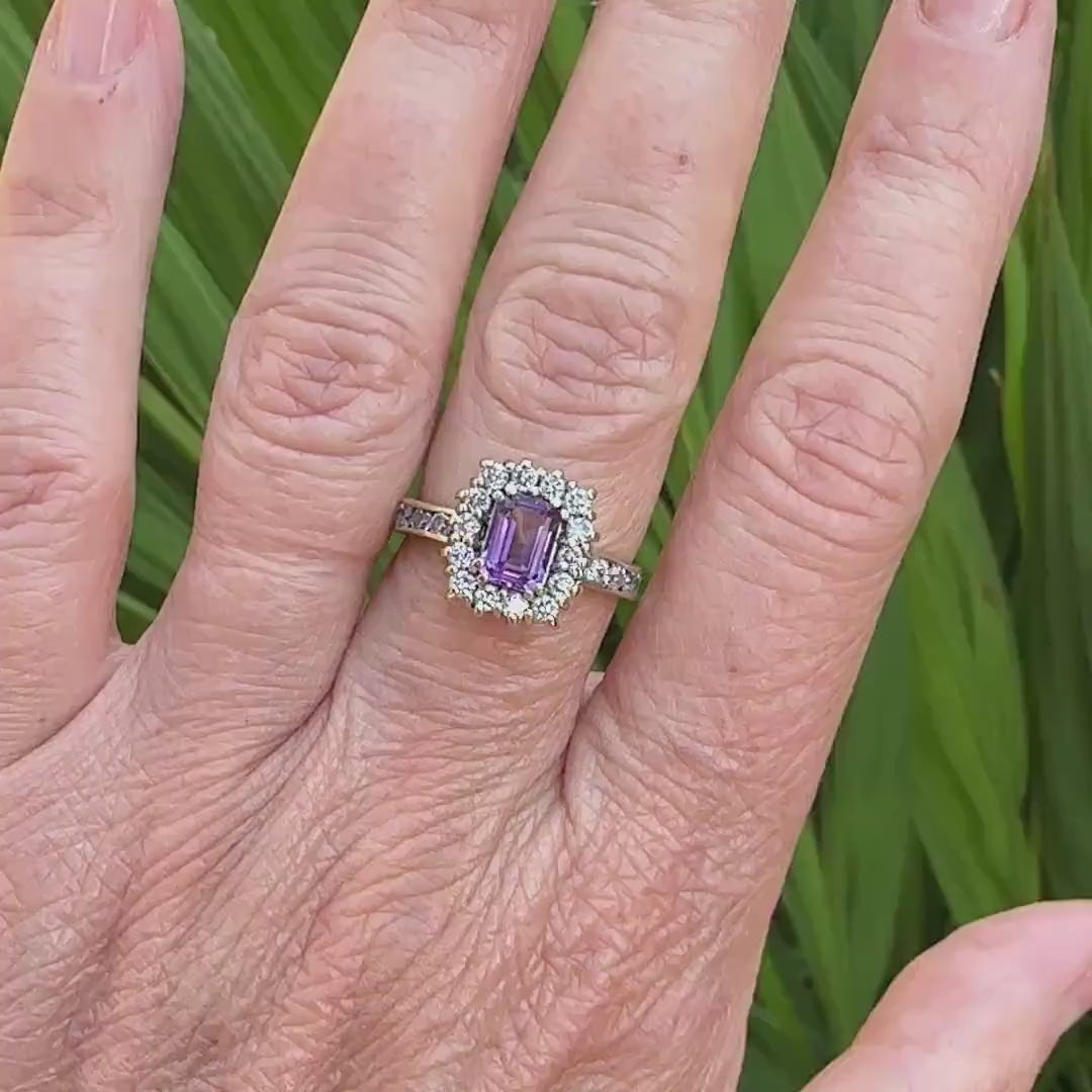 Vintage 9ct gold emerald cut Amethyst & CZ cluster dress ring